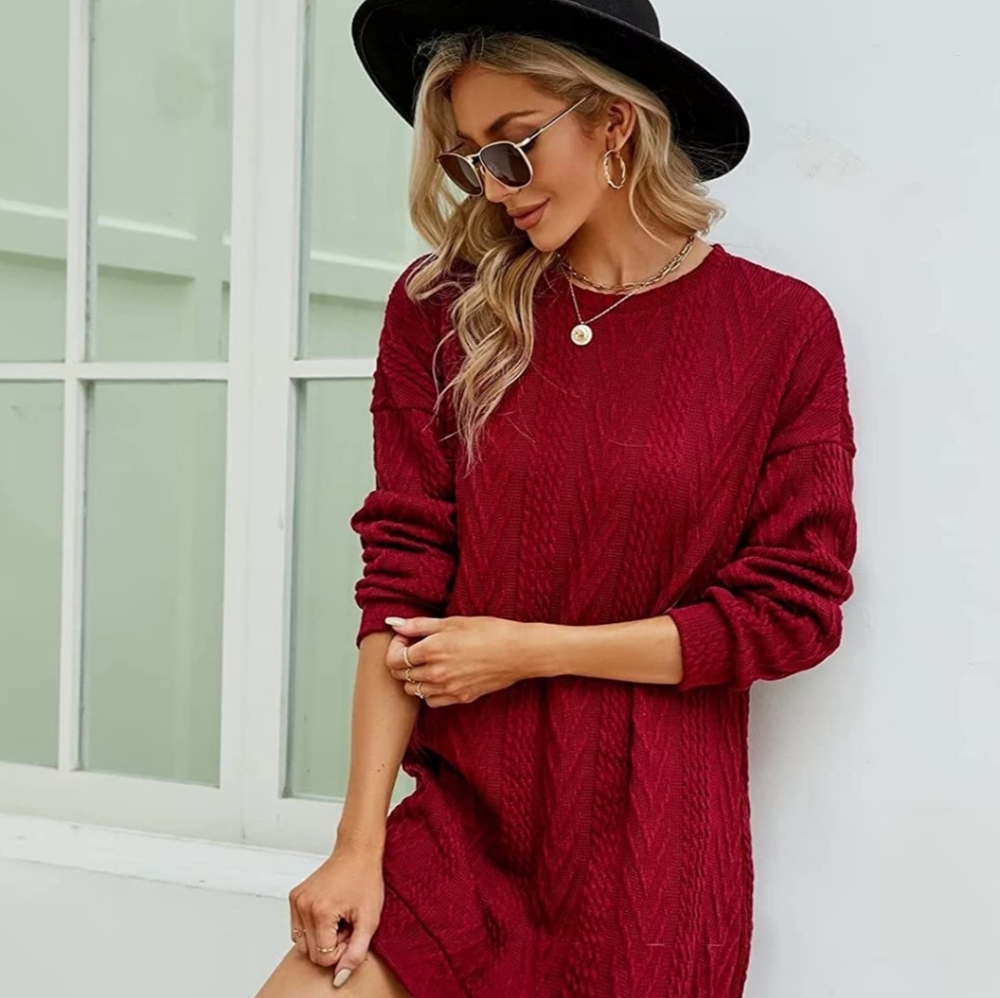 Women Crewneck Cable Knit Sweater Dress Long Sleeve Oversized Casual Pullover